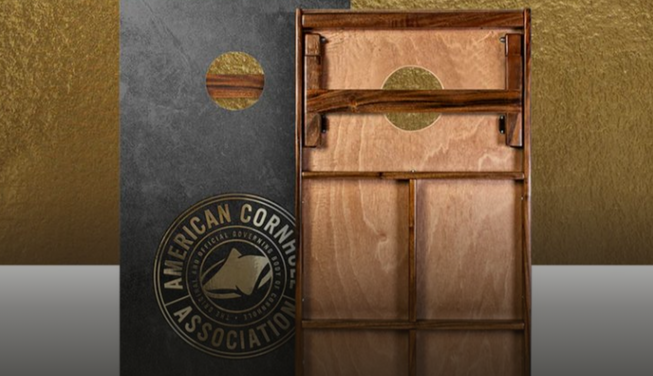 American Cornhole Association — premium cornhole boards on a gold backdrop